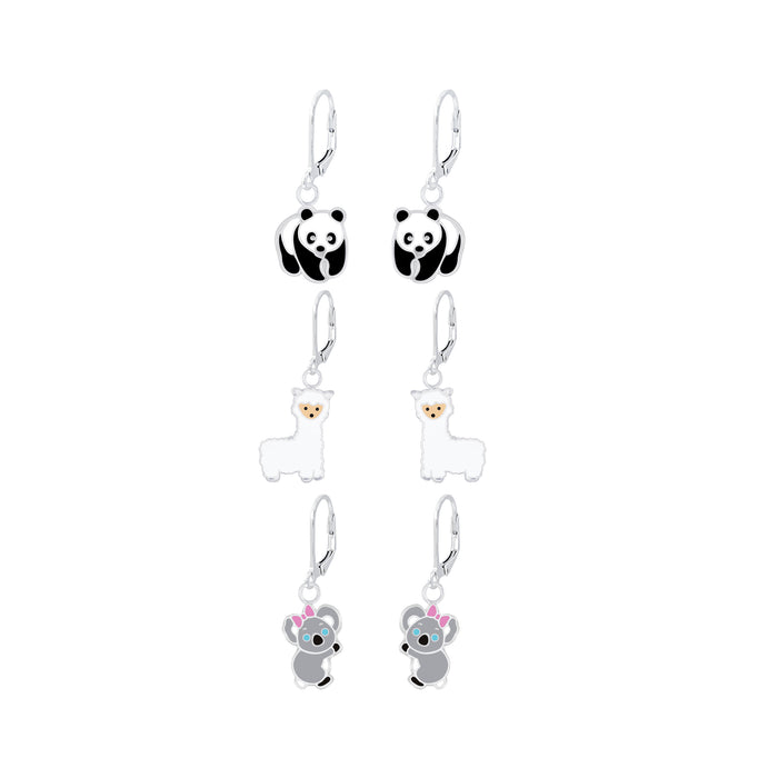 Joy|S - Zilveren oorbellen set 3 paar met leverback sluiting : Panda - Alpaca - Koala - kinderoorbellen set