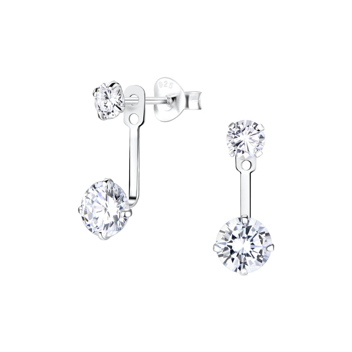 Joy|S - Zilveren ear jacket oorbellen - 2 x zirkonia rond - verstelbaar in hoogte - sterling zilver 925