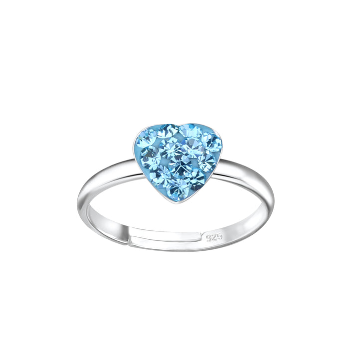 Joy|S - Zilveren hartje ring - Aqua blauw kristal - verstelbaar voor kinderen