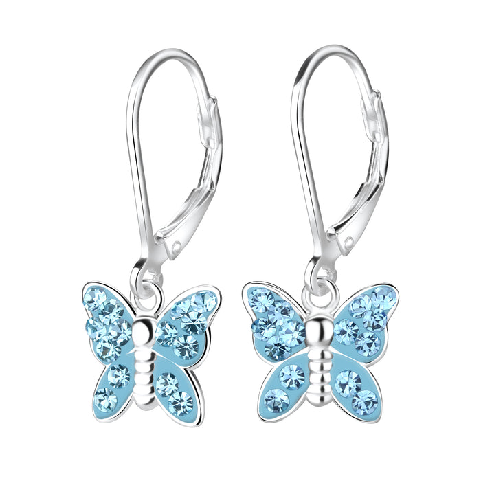 Joy|S - Zilveren vlinder bedel oorbellen - blauw kristal - leverback sluiting