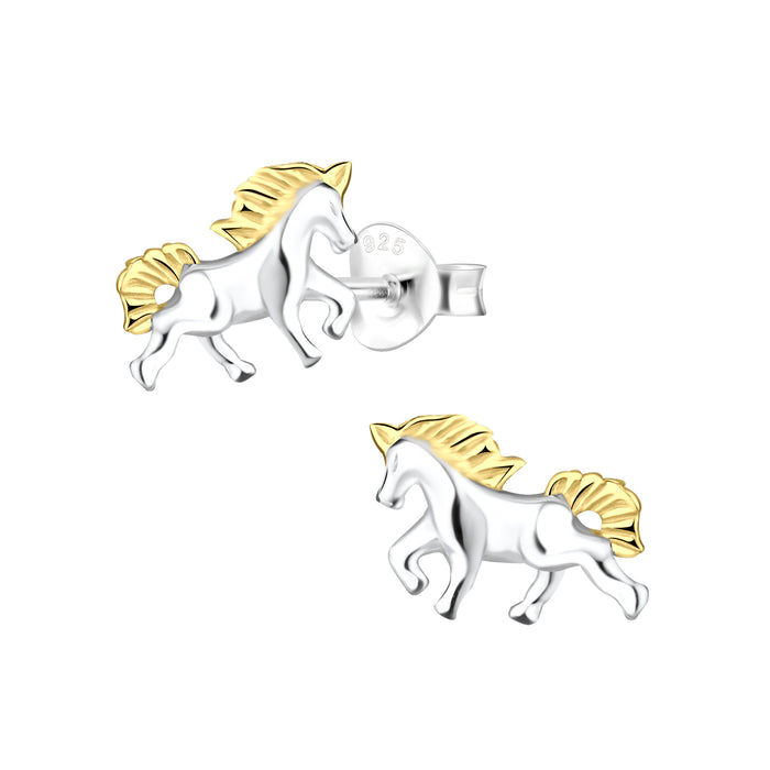 Joy|S - Zilveren paard oorbellen - 10 x 7 mm - goudplating manen