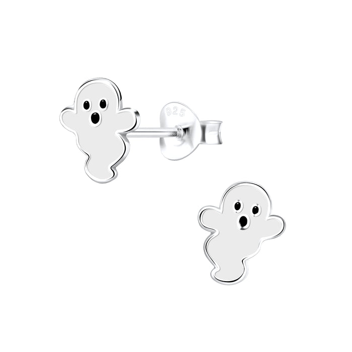 Joy|S - Zilveren spook oorbellen - 7 x 8 mm - wit - halloween oorknoppen
