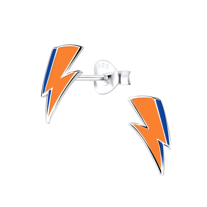 Joy|S - Zilveren bliksem oorbellen - oranje blauw - 5 x 10 mm