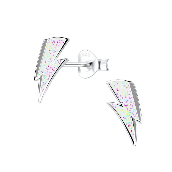 Joy|S - Zilveren bliksem oorbellen - 5 x 10 mm - wit zilver met glitter
