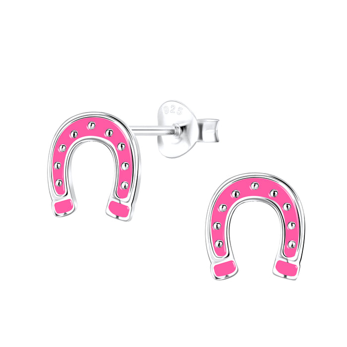 Joy|S - Zilveren hoefijzer oorbellen - roze - 7 x 8 mm
