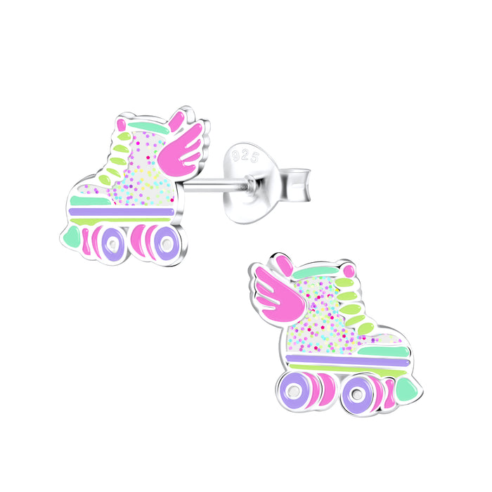 Joy|S - Zilveren rolschaats oorbellen - rollerskates oorknopjes - multicolor met glitter