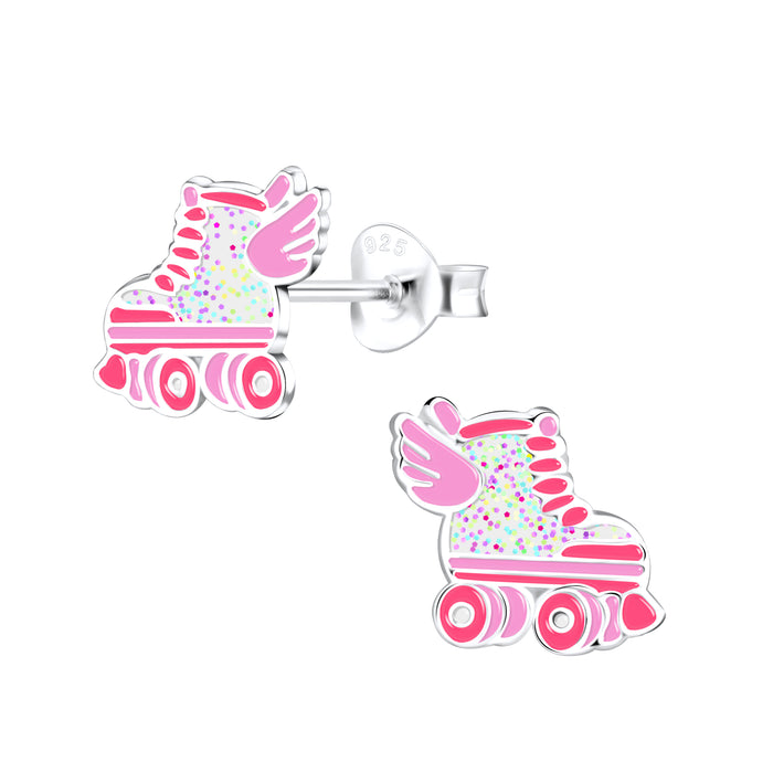 Joy|S - Zilveren rolschaats oorbellen - rollerskates oorknopjes - roze wit met glitter