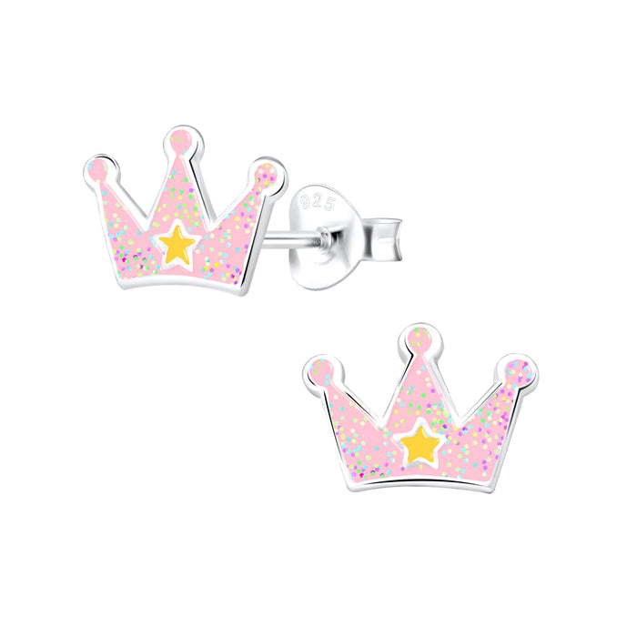 Joy|S - Zilveren kroontje oorbellen - 10 x 7 mm - roze met glitter en gele ster