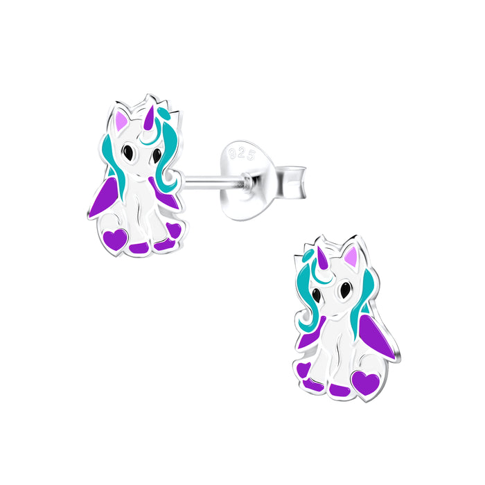 Joy|S - Zilveren pony eenhoorn oorbellen - adorable unicorn - paars wit - t70