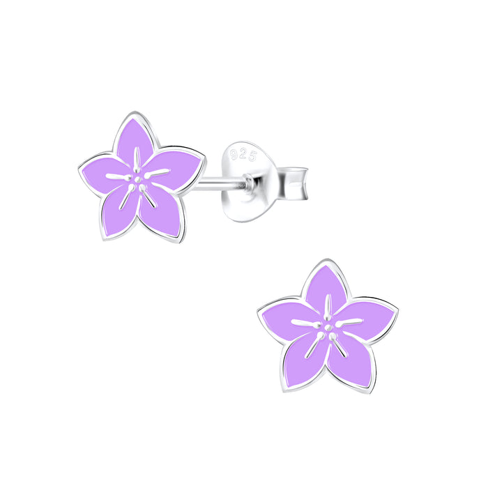 Joy|S - Zilveren bloem oorbellen - paars / lila - 8 mm - tropische bloem