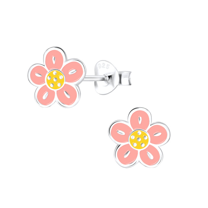 Joy|S - Zilveren bloem oorbellen - roze - 7 mm