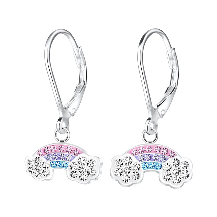 Joy|S - Zilveren regenboog bedel oorbellen - roze paars blauw kristal - leverback sluiting