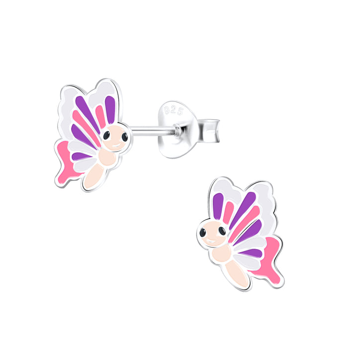 Joy|S - Zilveren vlinder oorbellen - 6 x 9 mm - roze paars wit