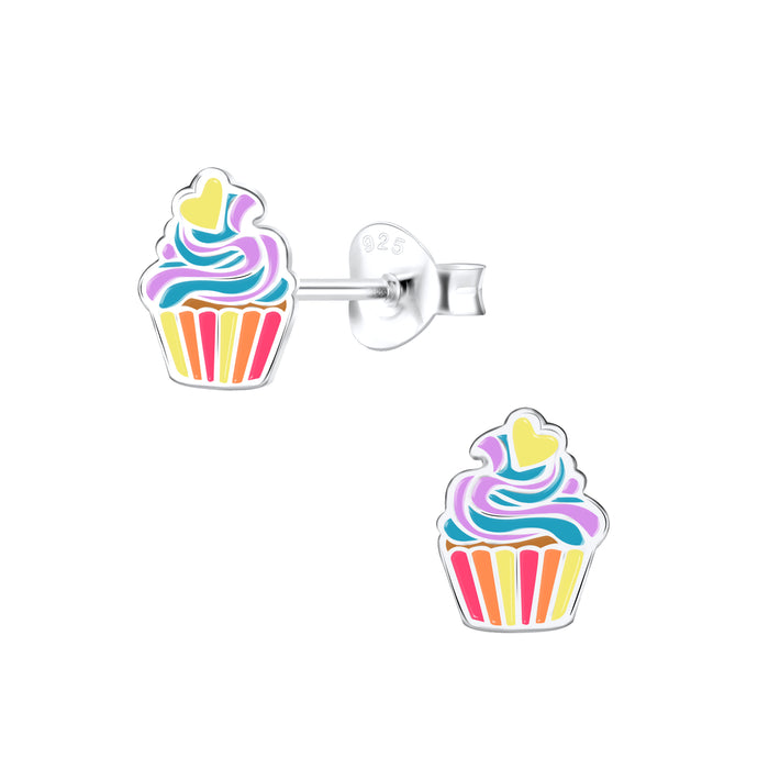 Joy|S - Zilveren cupcake oorbellen - multicolor met geel hartje - 6 x 8 mm