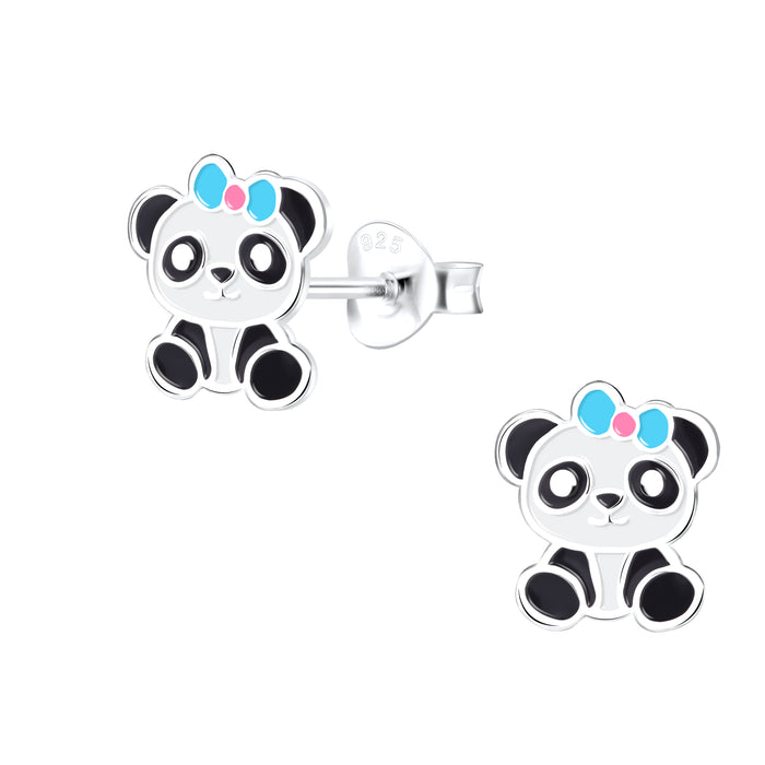 Joy|S - Zilveren panda oorbellen - 8 x 9 mm - turquoise roze strikje