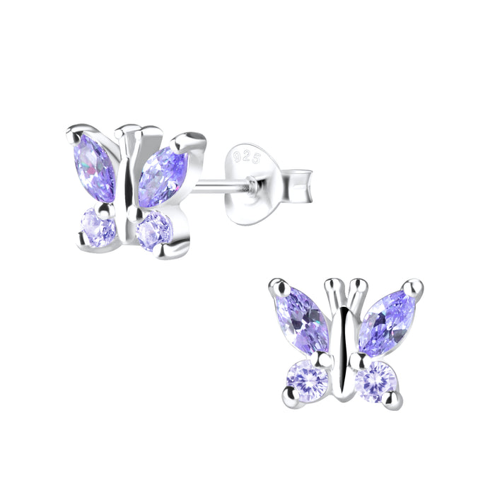 Joy|S - Zilveren vlinder oorbellen - zirkonia lila paars - 6 x 7 mm
