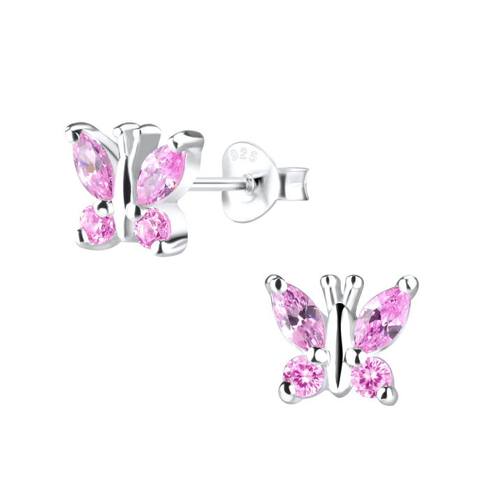 Joy|S - Zilveren vlinder oorbellen - zirkonia roze - 6 x 7 mm