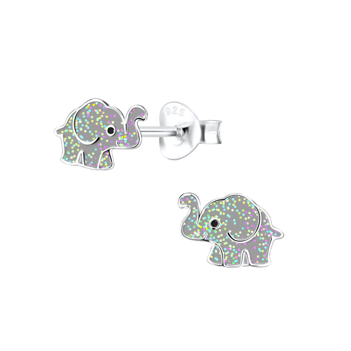 Joy|S - Zilveren olifant oorbellen - grijs met glittertjes - 9 x 6 mm
