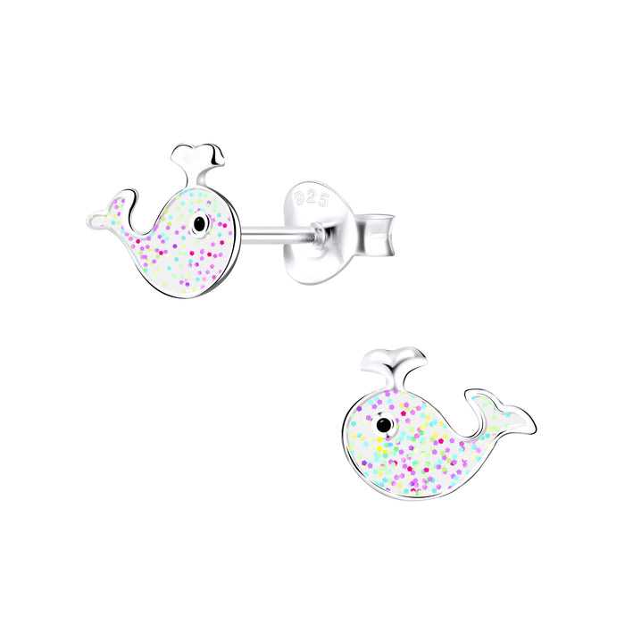 Joy|S - Zilveren walvis oorbellen - glitter witte vis oorknoppen - 11 x 8 mm