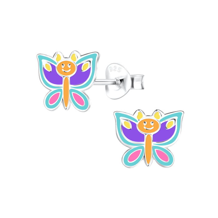 Joy|S - Zilveren vlinder oorbellen - 8 x 7 mm - turquoise roze paars geel