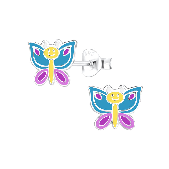 Joy|S - Zilveren vlinder oorbellen - 8 x 7 mm - blauw paars geel