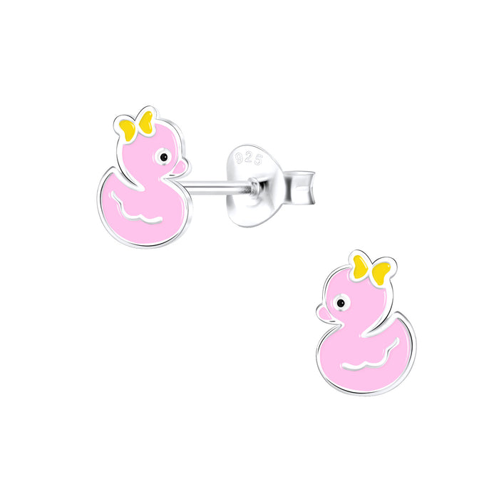 Joy|S - Zilveren eend oorbellen - roze met geel strikje - 6 x 7 mm - kinderoorbellen eendje