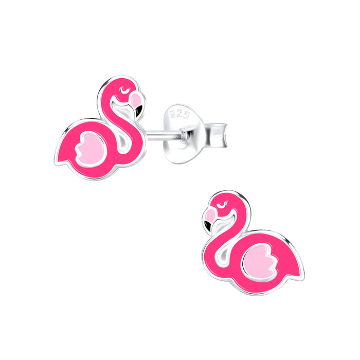 Joy|S - Zilveren flamingo oorbellen - 8 x 7 mm - magenta roze - kinderoorbellen - vogel