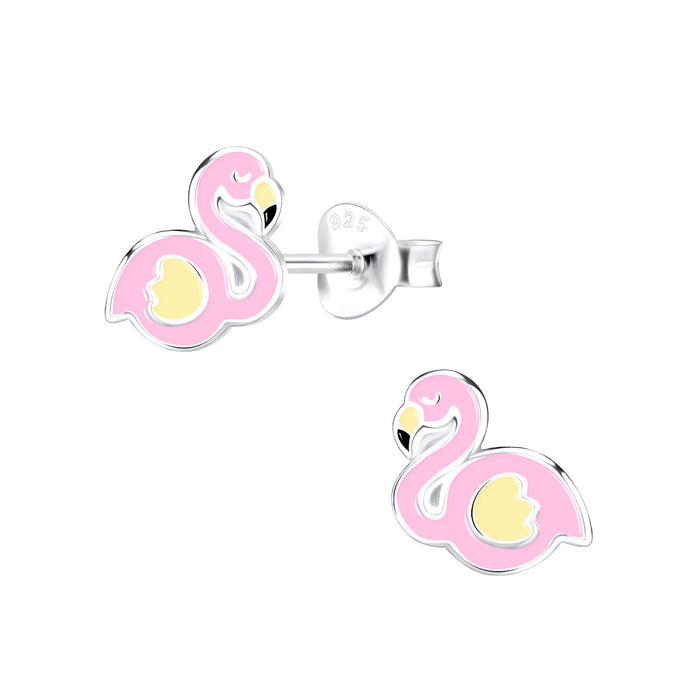 Joy|S - Zilveren flamingo oorbellen - 8 x 7 mm - roze geel - kinderoorbellen - vogel