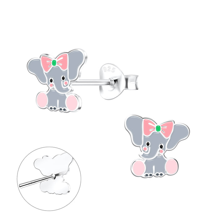 Joy|S - Zilveren olifant oorbellen - grijs met roze strikje - massief - 8 mm - sterling zilver 925 - kinderoorbellen
