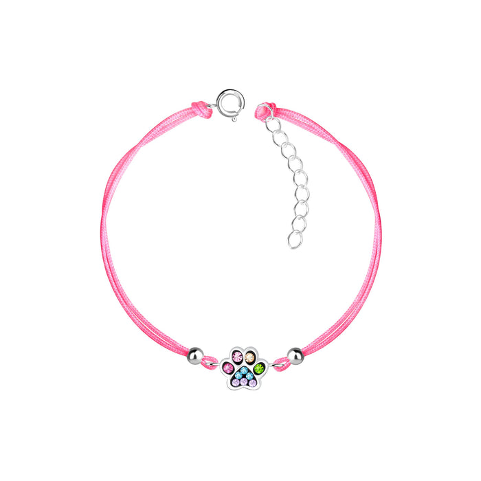 Joy|S - Zilveren kat hond dierenpoot bedel armband - poot afdruk bedel sterling zilver 925 met kristal - roze koord