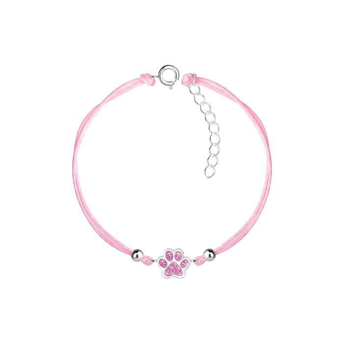 Joy|S - Zilveren kat hond dierenpoot bedel armband - poot afdruk bedel sterling zilver 925 met roze kristal - roze koord - th09