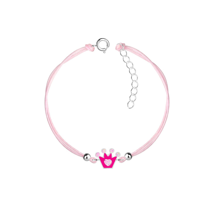 Joy|S - Zilveren kroontje bedel armband - roze kroontje bedel sterling zilver 925 - roze koord - th85