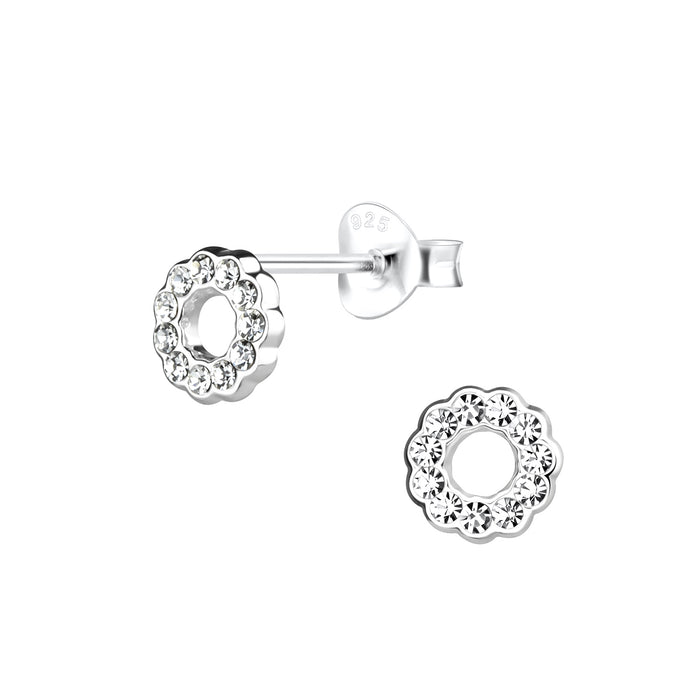 Joy|S - Zilveren donut bloem oorbellen - 6 mm - kristal - cirkel oorknopjes