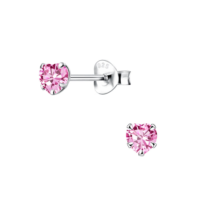 Joy|S - Zilveren petit hartje oorbellen - 4 mm - gehodineerd - roze zirkonia - kinderoorbellen