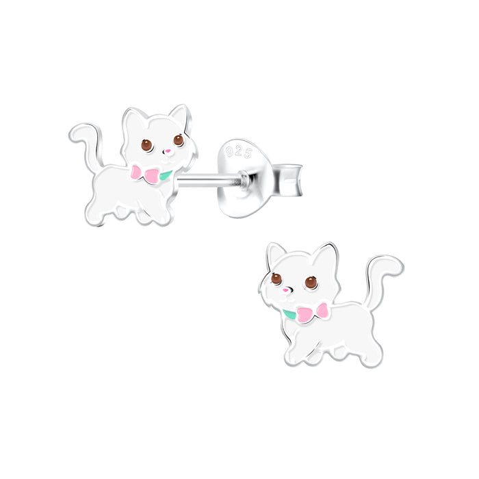 Joy|S - Zilveren kat poes oorbellen - 8 x 7 mm - wit met roze strikje - kinderoorbellen