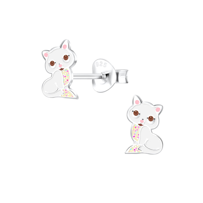 Joy|S - Zilveren kat poes oorbellen - 5 x 8 mm - wit met glitterbuikje - roze oortjes - kinderoorbellen