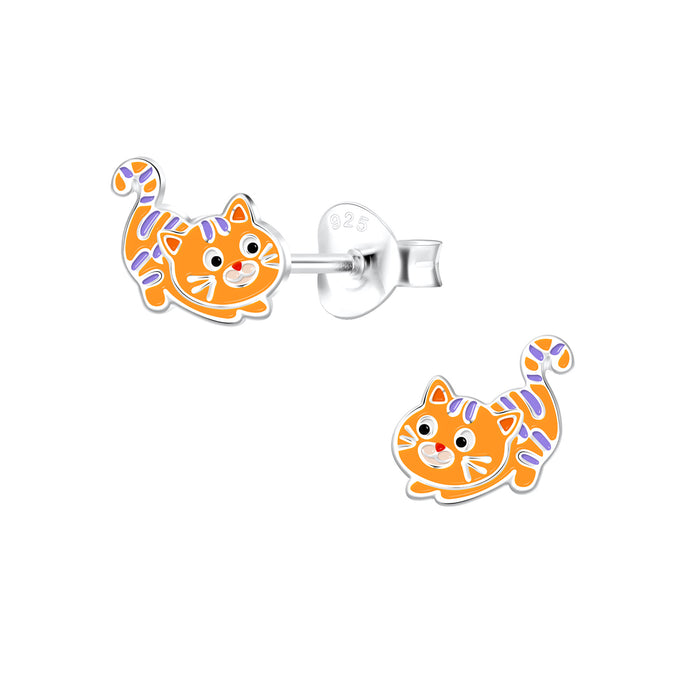 Joy|S - Zilveren kat poes oorbellen - 9 x 7 mm - oranje paars - t04