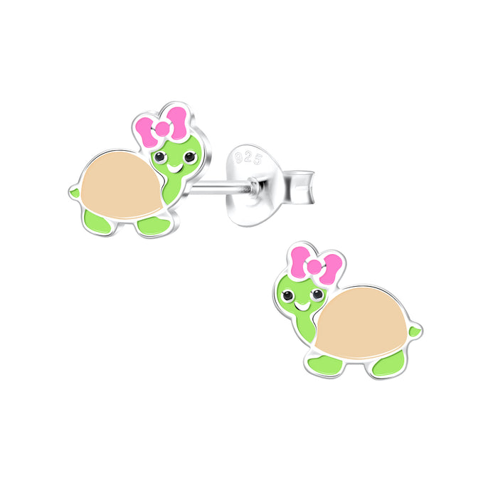 Joy|S - Zilveren schildpad oorbellen - met roze strikje - 9 x 8 mm