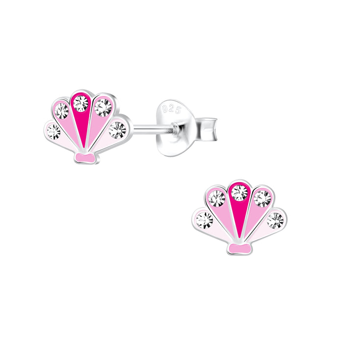 Joy|S - Zilveren schelp oorbellen - kinderoorbellen - roze wit met kristal