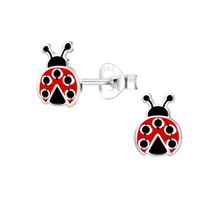 Joy|S - Zilveren lieveheersbeestje oorbellen - 6 x 8 mm - rood met zwarte stippen