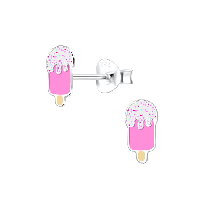 Joy|S - Zilveren ijsje oorbellen - 4 x 8 mm ijslollie - roze met glitter
