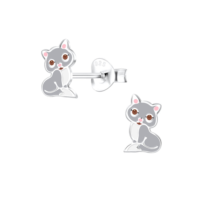 Joy|S - Zilveren kat poes oorbellen - 5 x 8 mm - grijs met roze oortjes - kinderoorbellen