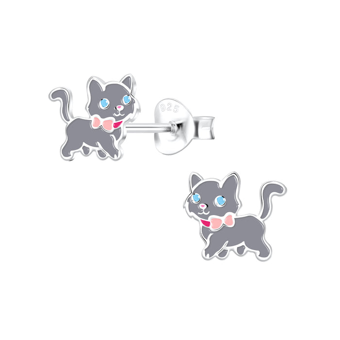 Joy|S - Zilveren kat poes oorbellen - 8 x 7 mm - grijs met roze strikje - kinderoorbellen