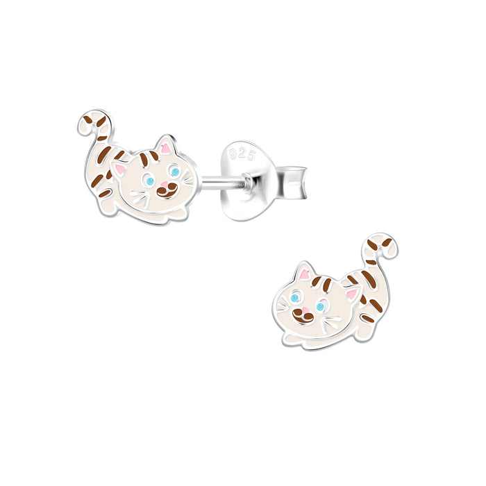 Joy|S - Zilveren kat poes oorbellen - 9 x 7 mm - creme bruin