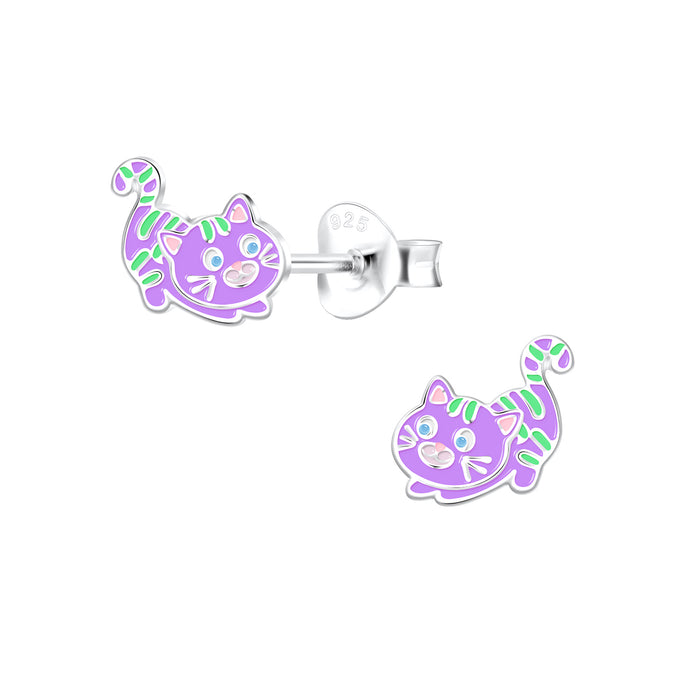 Joy|S - Zilveren kat poes oorbellen - 9 x 7 mm - paars groen