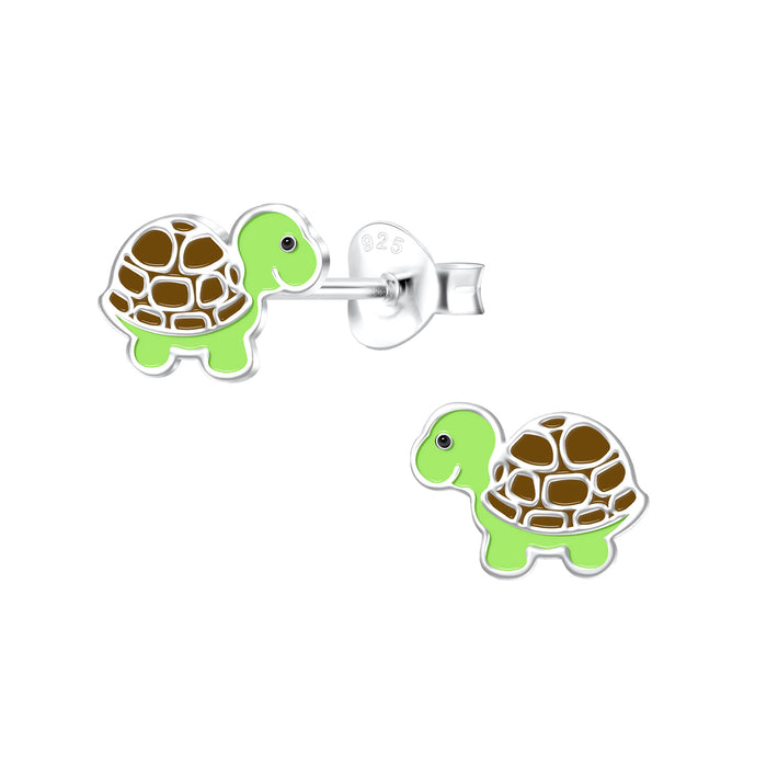 Joy|S - Zilveren schildpad oorbellen - 9 x 6 mm - groen bruin