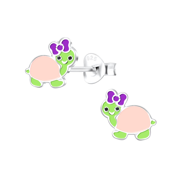 Joy|S - Zilveren schildpad oorbellen - roze met paarse strikje - 9 x 8 mm
