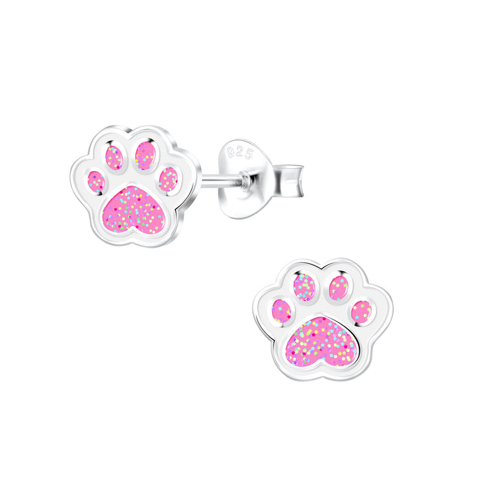 Joy|S - Zilveren kat hond dierenpoot oorbellen - poot afdruk - roze met wit met glitter - 7 x 6 mm