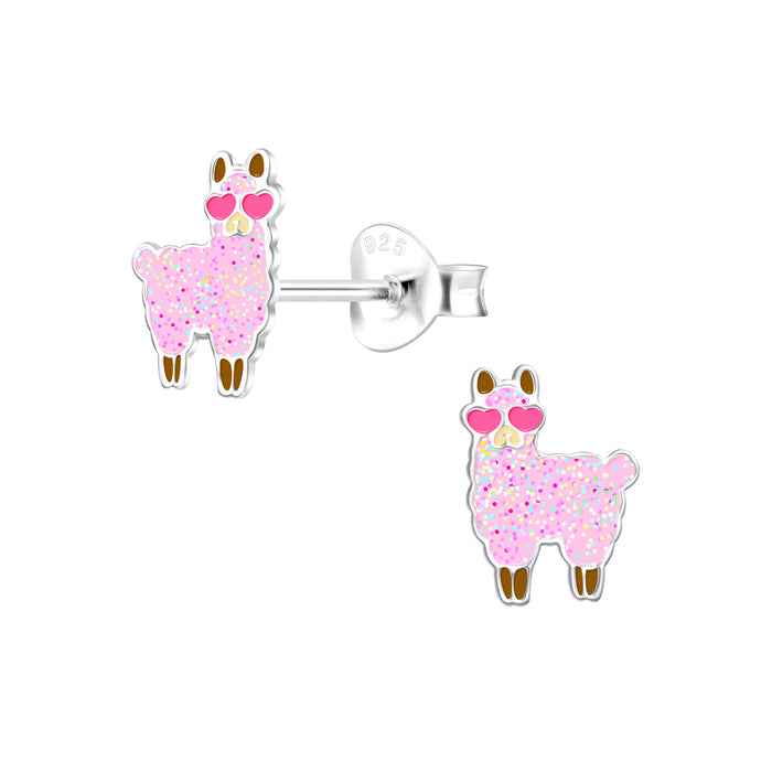 Joy|S - Zilveren Alpaca Lama oorbellen - 6 x 8 mm - roze met glitter en roze hartjes bril