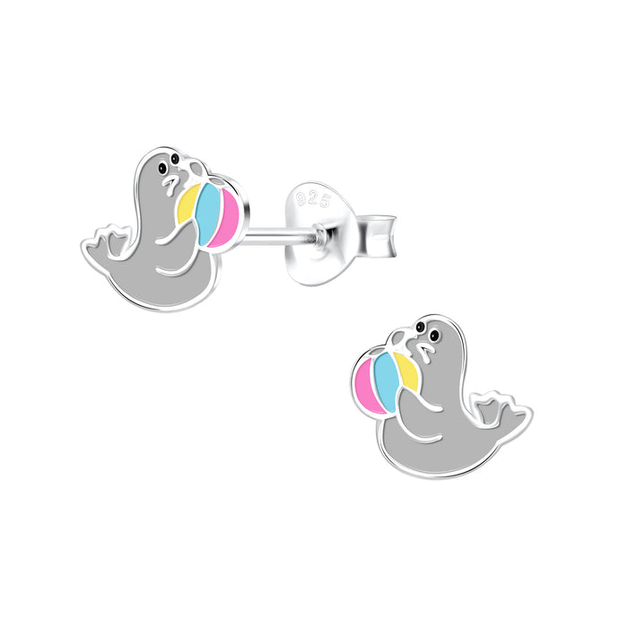 Joy|S - Zilveren zeehond oorbellen - 6 x 7 mm - grijs - met bal